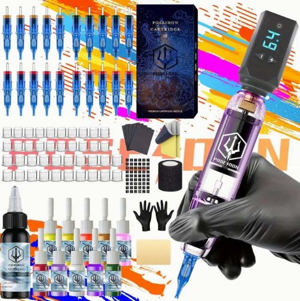 Tattoo Starter Set Poseidon kabellos mit 11 Farben und Produktbild 
