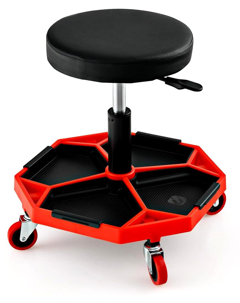 Werkstatthocker mit Rollen, höhenverstellbar von 41 bis 55 cm, Rollhocker mit abnehmbarer magnetischer Werkzeugablage, belastbar bis 150 kg