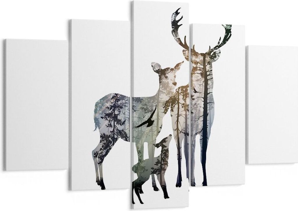 Bild auf Leinwand - Leinwandbild - Deer Familie Wildheit Illustration - 150x100cm - Wand Bild - Wanddeko - Leinwanddruck - Bilder - Kunstdruck - Le...