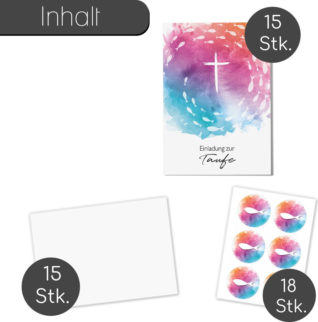 younikat 15er Set Einladungskarten zur Taufe - Klappkarten in DIN A6 mit Kreuz in Bunt I 10,5 × 14,8 cm I mit 15 Umschlägen und 18 Aufklebern zum...