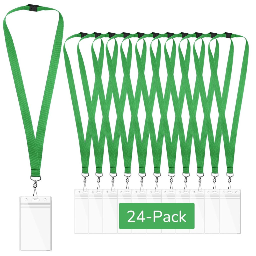 24 grüne Halsbänder mit wasserdichten Ausweishaltern, Halsbänder aus Polyester für Ausweise, Veranstaltungen, Büro und Schule.