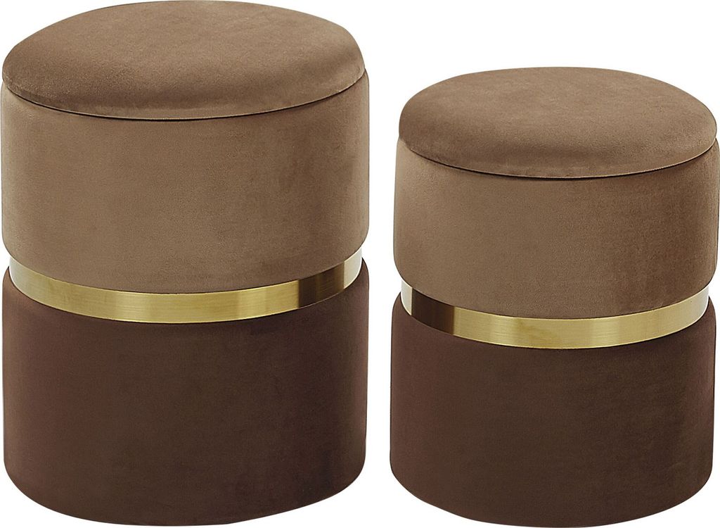BELIANI Pouf 2er Set Braun aus Samtstoff mit Stauraum und mit goldener Note runde Form Wohnzimmer Schlafzimmer Flur Modern
