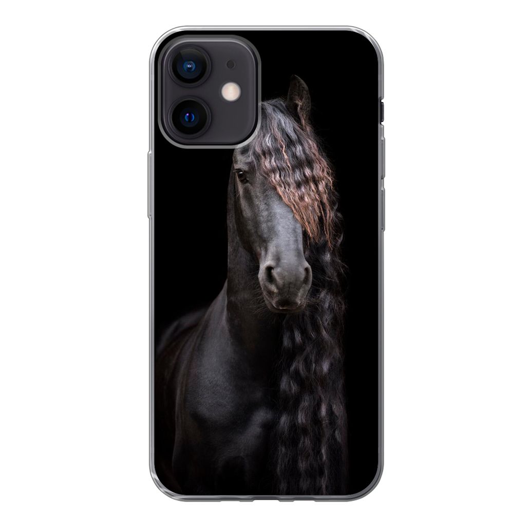 MuchoWow Handyhülle Schutzhülle Hülle für iPhone 12 Pferde - Friesisch - Mähne - Schwarz - Tiere Silikon Softcase Handy Hülle - Schutzhülle