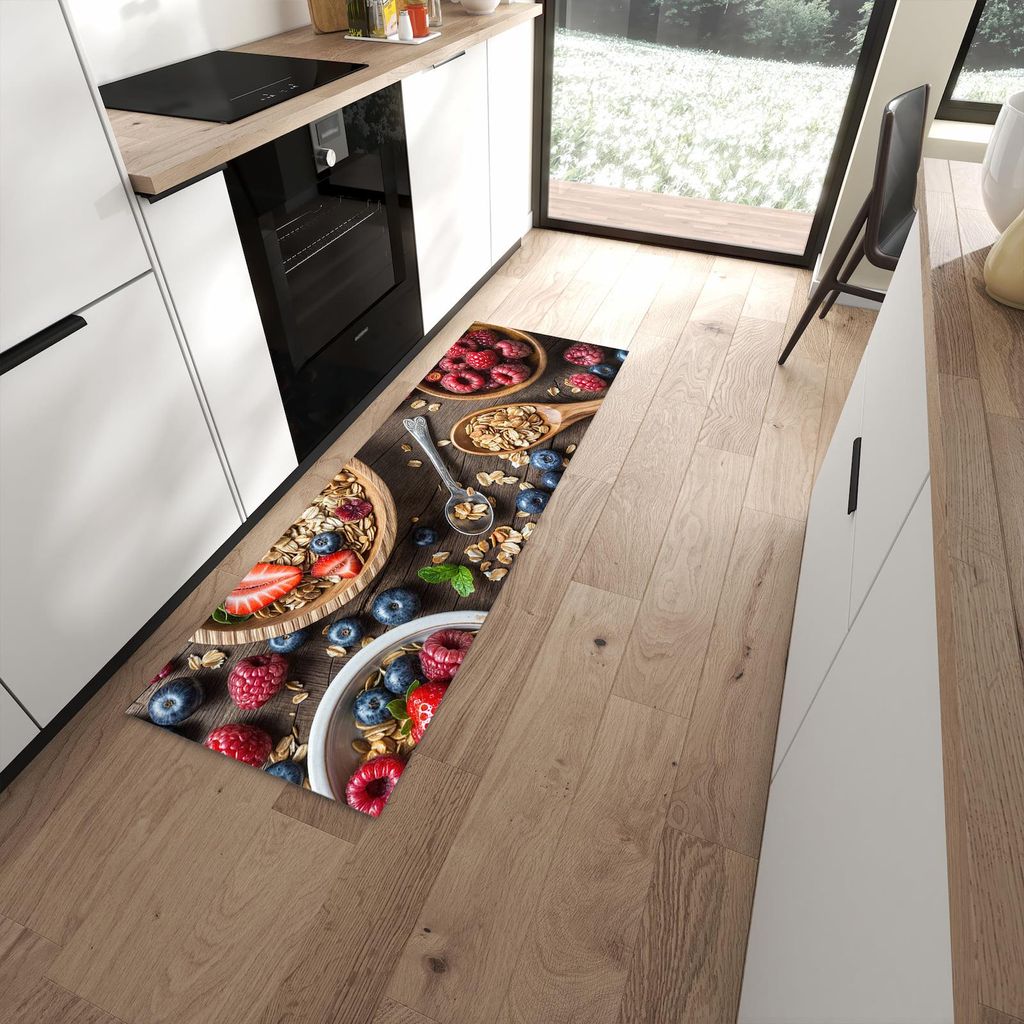 Küchenteppich 60x180cm rutschfest & abwischbar PVC Läufer - Beeriges Müsli