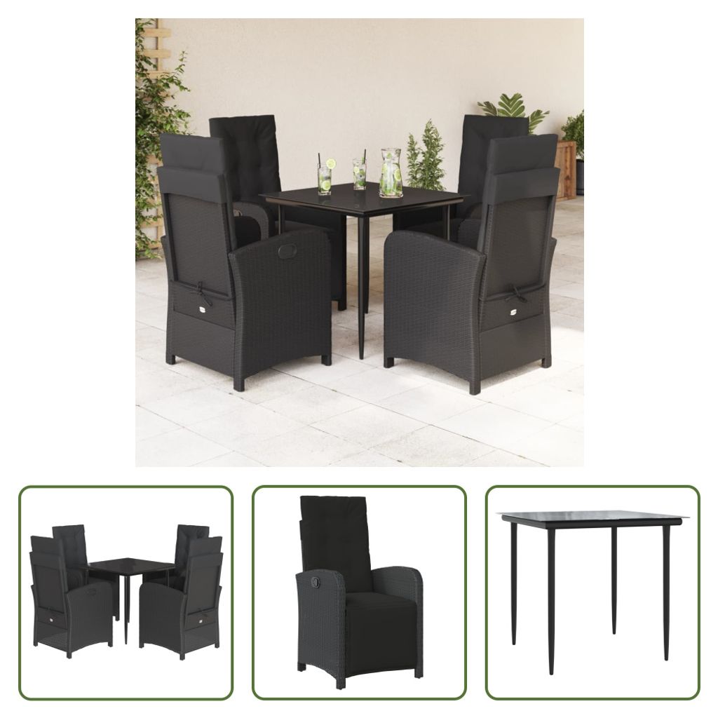 The Living Store 5-tlg. Garten-Essgruppe mit Kissen Schwarz Poly Rattan