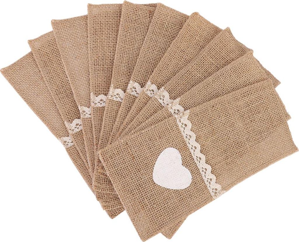 10pcs Jute Spitze Besteck Halter Sackleinen Messer Gabel Tasche Beutel für Hochzeit Weihnachten Party DecorCutlery Halter Original Farbe mit Herzform