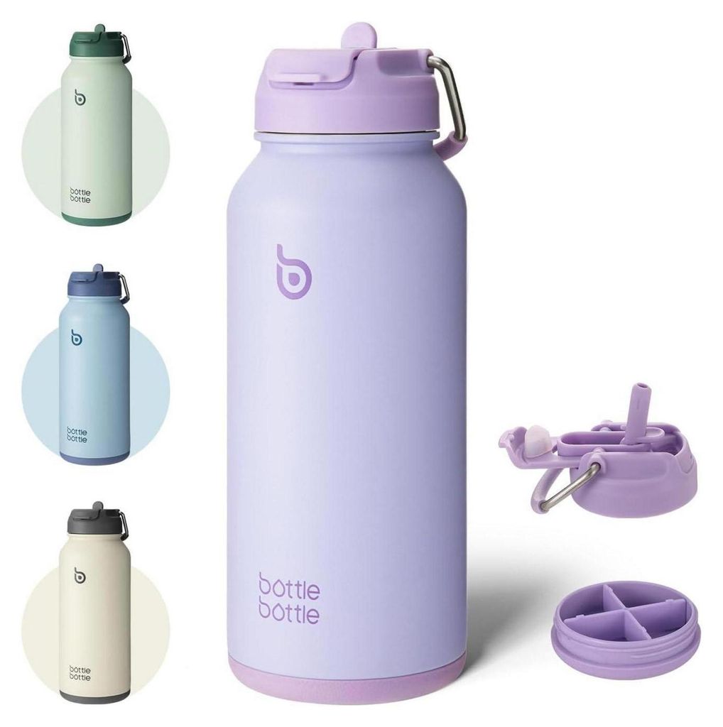 Edelstahl Trinkflasche 1L mit Strohhalm Thermoskanne Sport Produktbild 