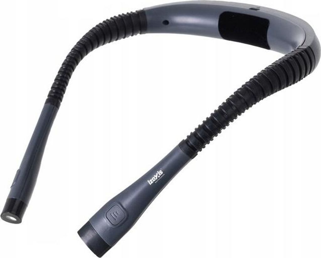 A dark gray neck reading light with flexible black ribbed arms and LED lights at the ends, shown against a white background.