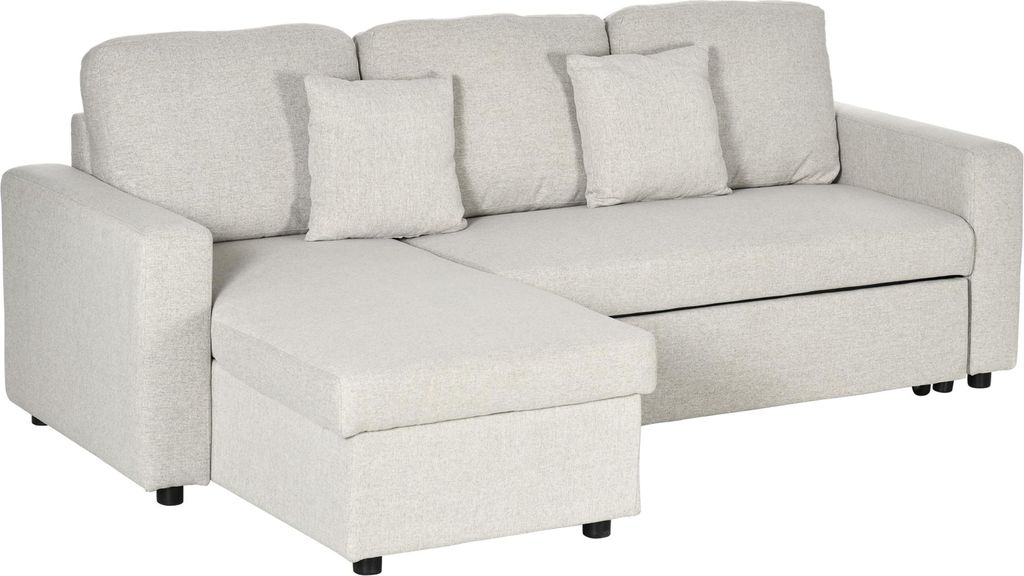 Ecksofa mit Bettfunktion, Eckcouch inklusive 2er-Sitz Sofa, Einzelbett, L-Form mit Stauraum, 2 Kissen Cremeweiß