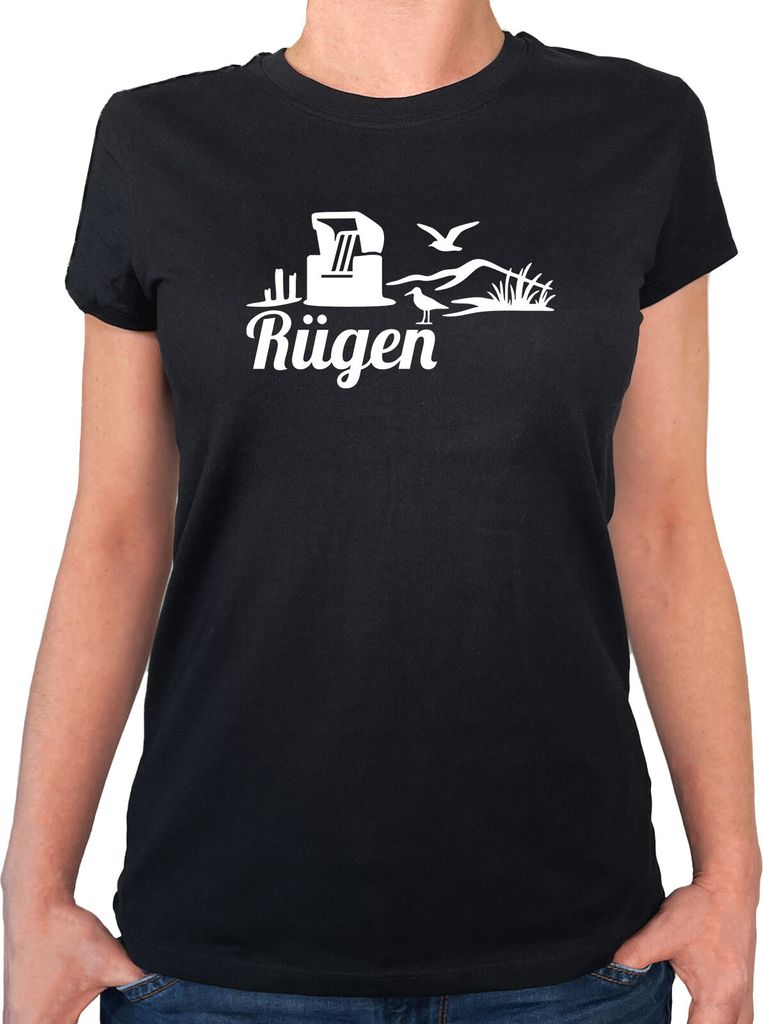 Huuraa Damen T-Shirt Rügen Strandmotiv XS Black Bio Baumwolle Fairtrade Damenshirt Geschenkidee