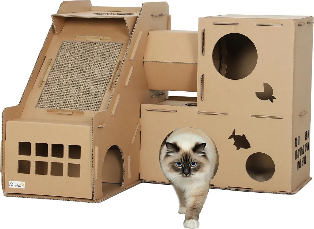 Maison pour chat en carton ondulé Château 2 niveaux 78x66x57cm Marron
