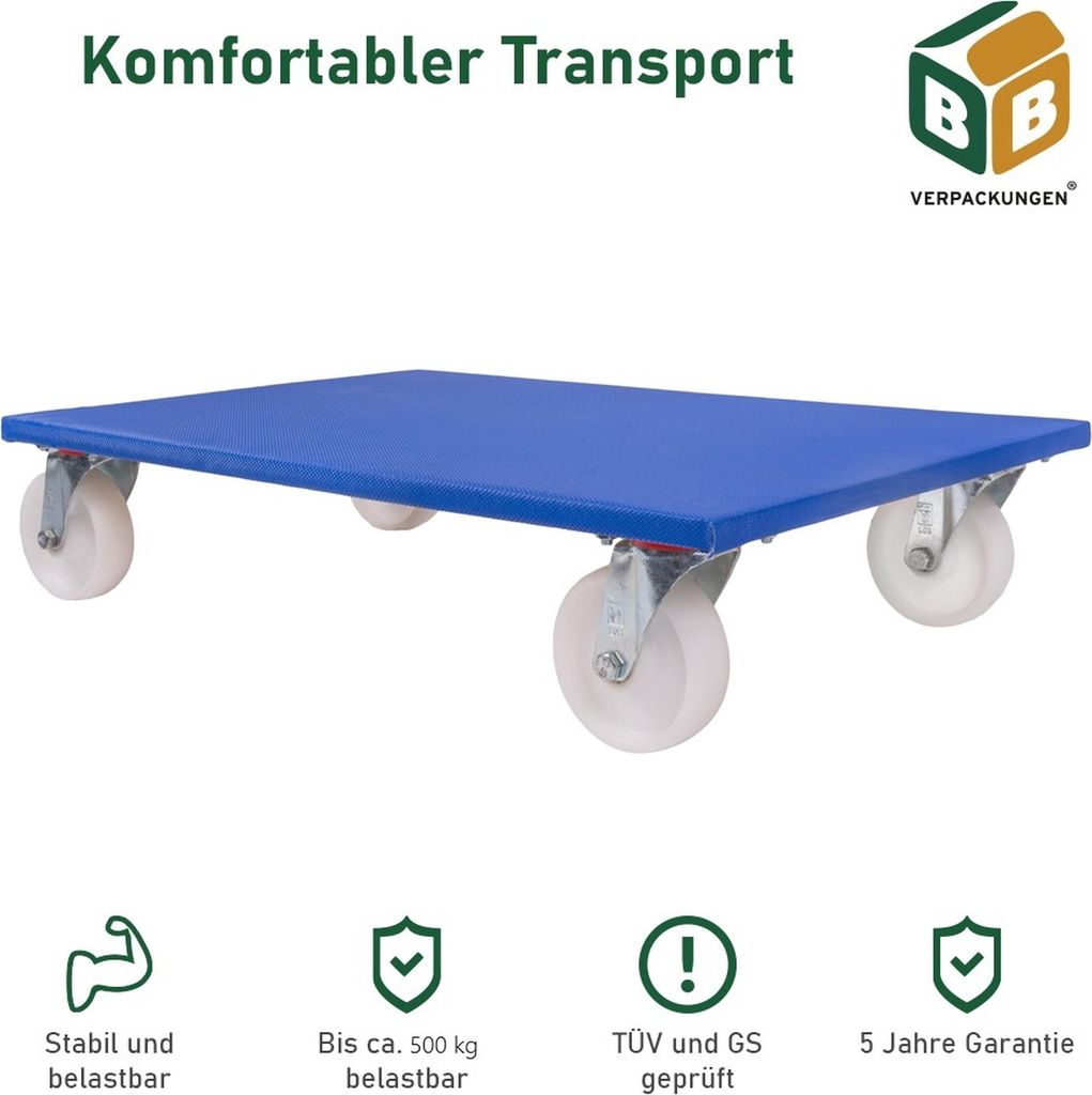 4 x Möbelroller (800 x 500 x 165 mm) 500 kg Traglast 4 Kunststoff-Lenkrollen spurloses Lenkverhalten Möbelhund BB-Verpackungen