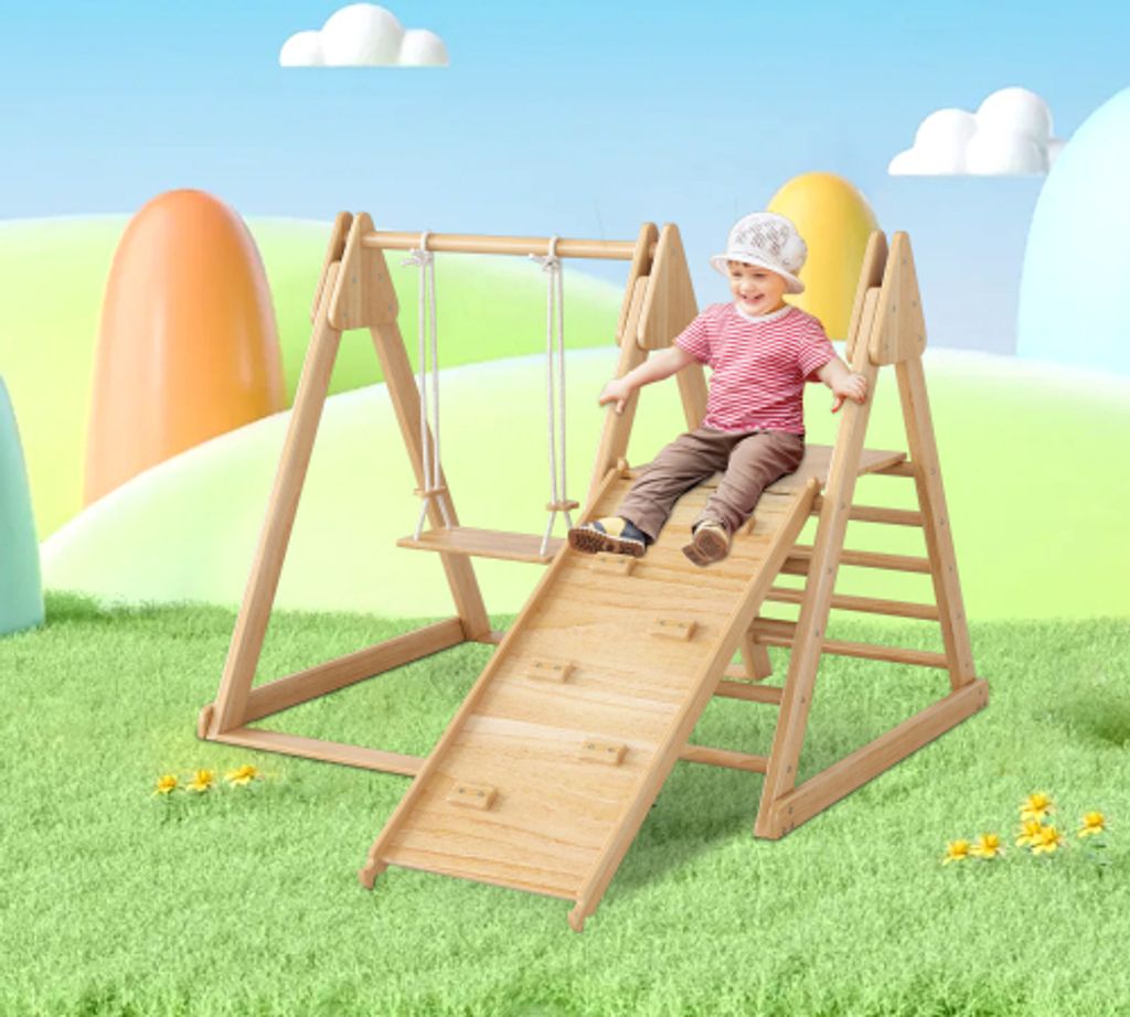 ProximaX 3-in-1 Kinderspielzeug: Klettergerüst, Schaukel und Rutsche aus massiver Kiefer, perfekt für drinnen.