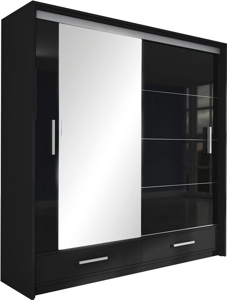 Furniture24 Kleiderschrank MARSYLIA 203 Schlafzimmer 2 Türiger Schwebetürenschrank Schrank mit 2 Kleiderstangen 6 Einlegeboden und Spiegel Schieb...