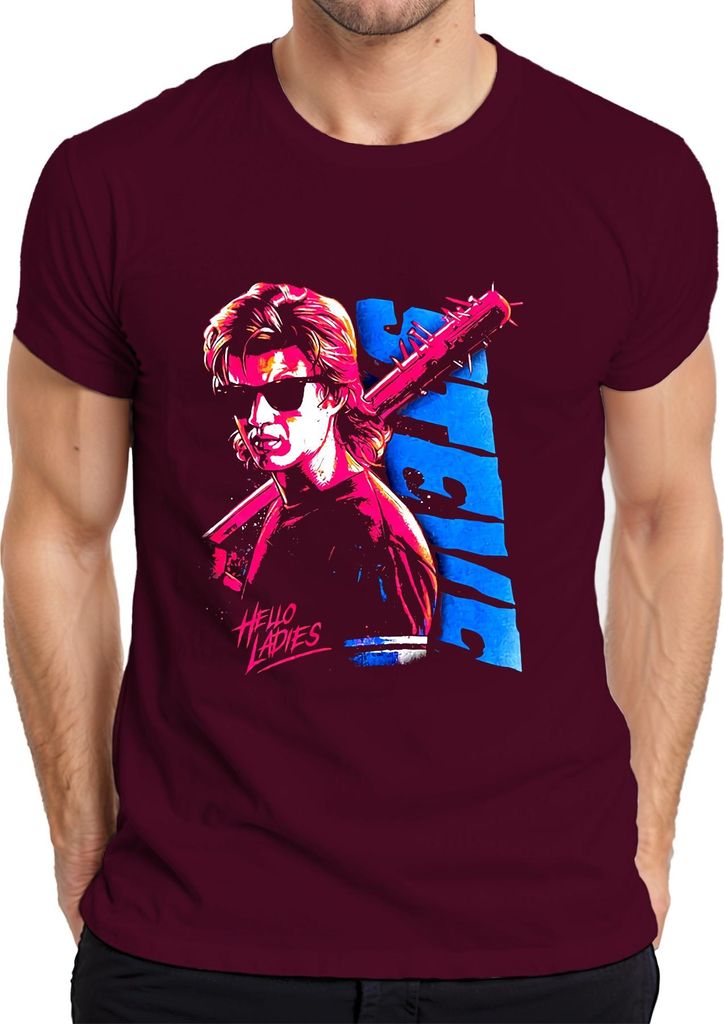 Hello Ladies 80er Neon Retro Sonnenbrille Stachelkeule Steve Herren T-Shirt, Burgundy, M