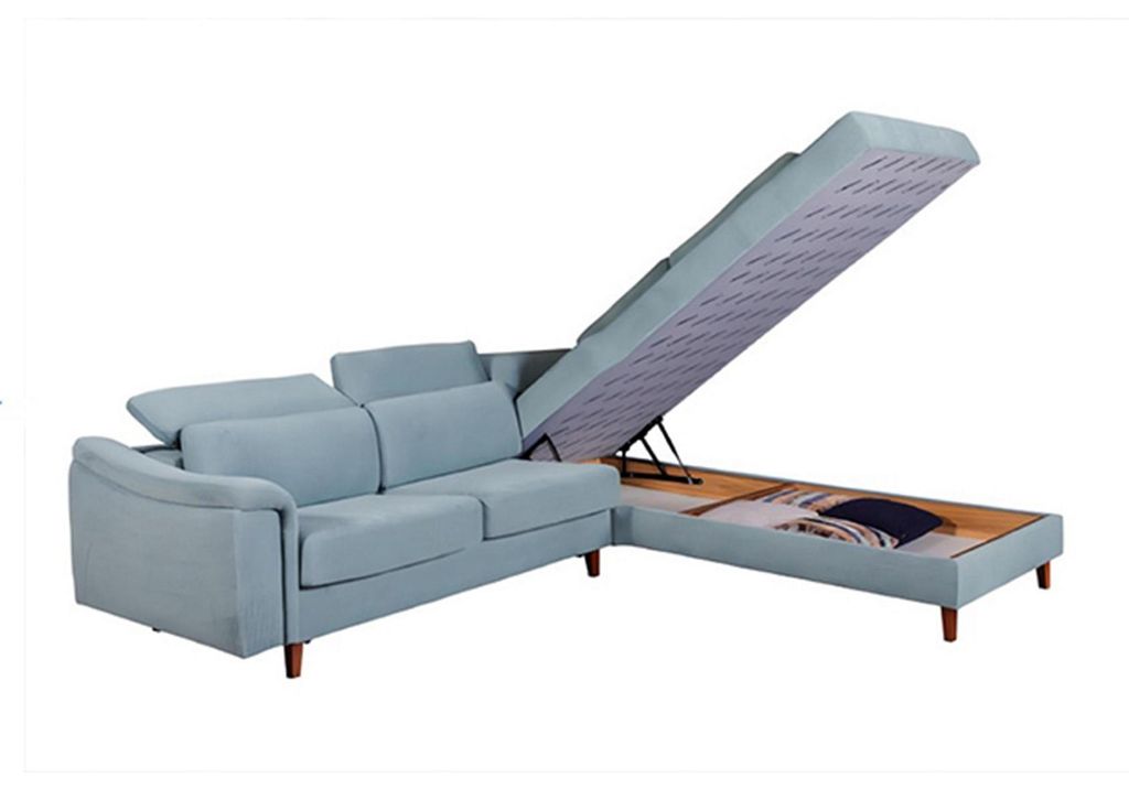 Blaues Ecksofa L-Form Wohnzimmer Polster Couchen Designer Holzgestell