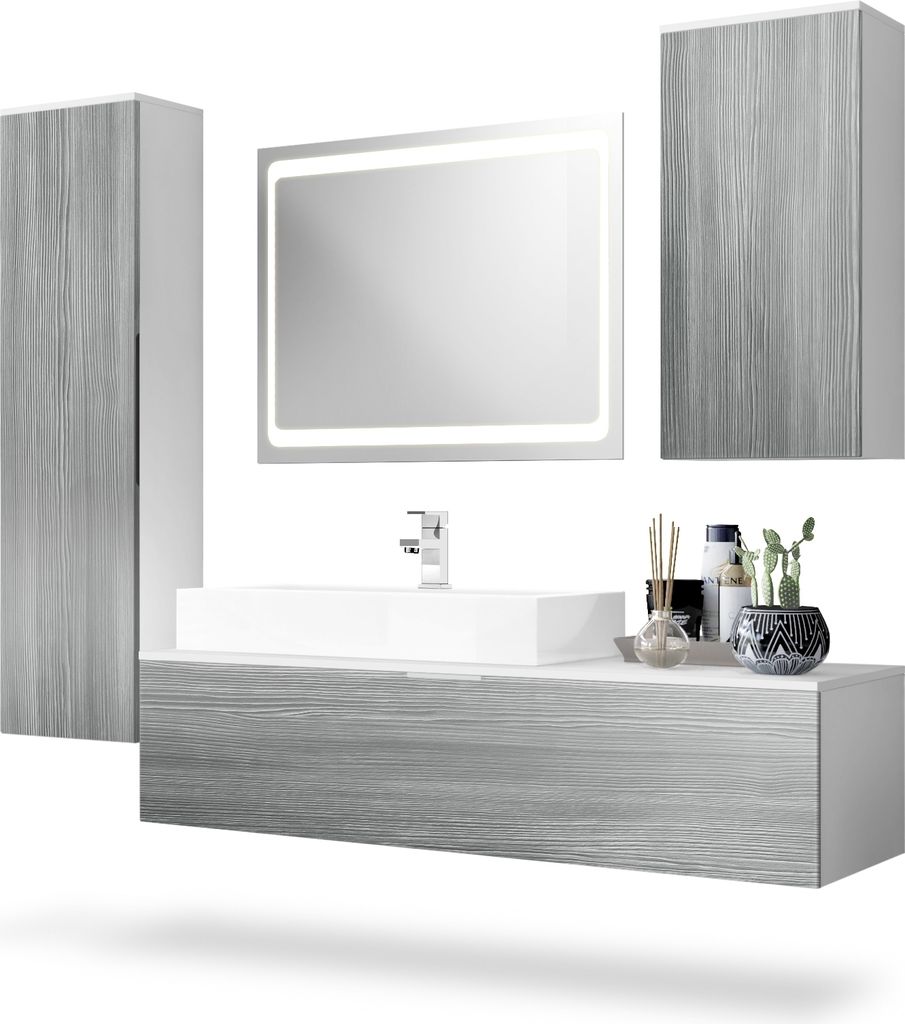 Vladon Badmöbel Komplettset Beach, Germany, Korpus in Weiß matt / Fronten in Avola-Anthrazit, mit LED Spiegel, Aufsatzwaschbecken und Armatur
