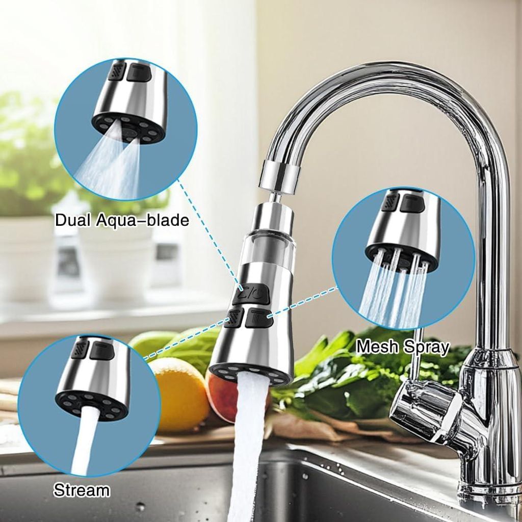 360° Schwenkbarer Wasserhahnaufsatz - Küchenarmatur Luftsprudler Duschkopf - 3 Modi Schwenkbare Wasserhahnverlängerung mit 5 Adaptern für Küch...