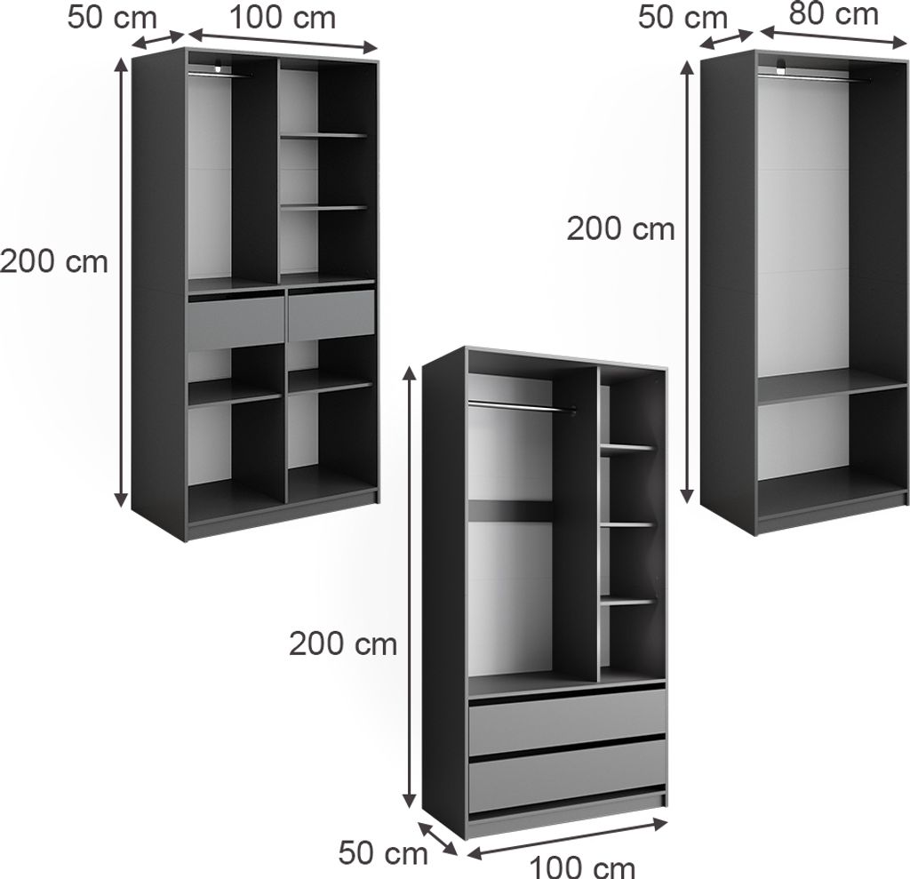 Vicco Kleiderschrank Elmo, 100 x 200 cm 3er Set, Anthrazit Produktbild 3