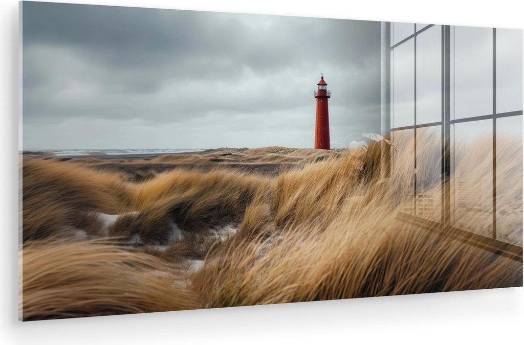 MuchoWow Glasbilder - Bilder auf Wandbild - Foto auf Glas Dünen - Leuchtturm - Rot - Himmel 40x20 cm Wanddekoration aus Glas - Acrylglasbild - Acr...