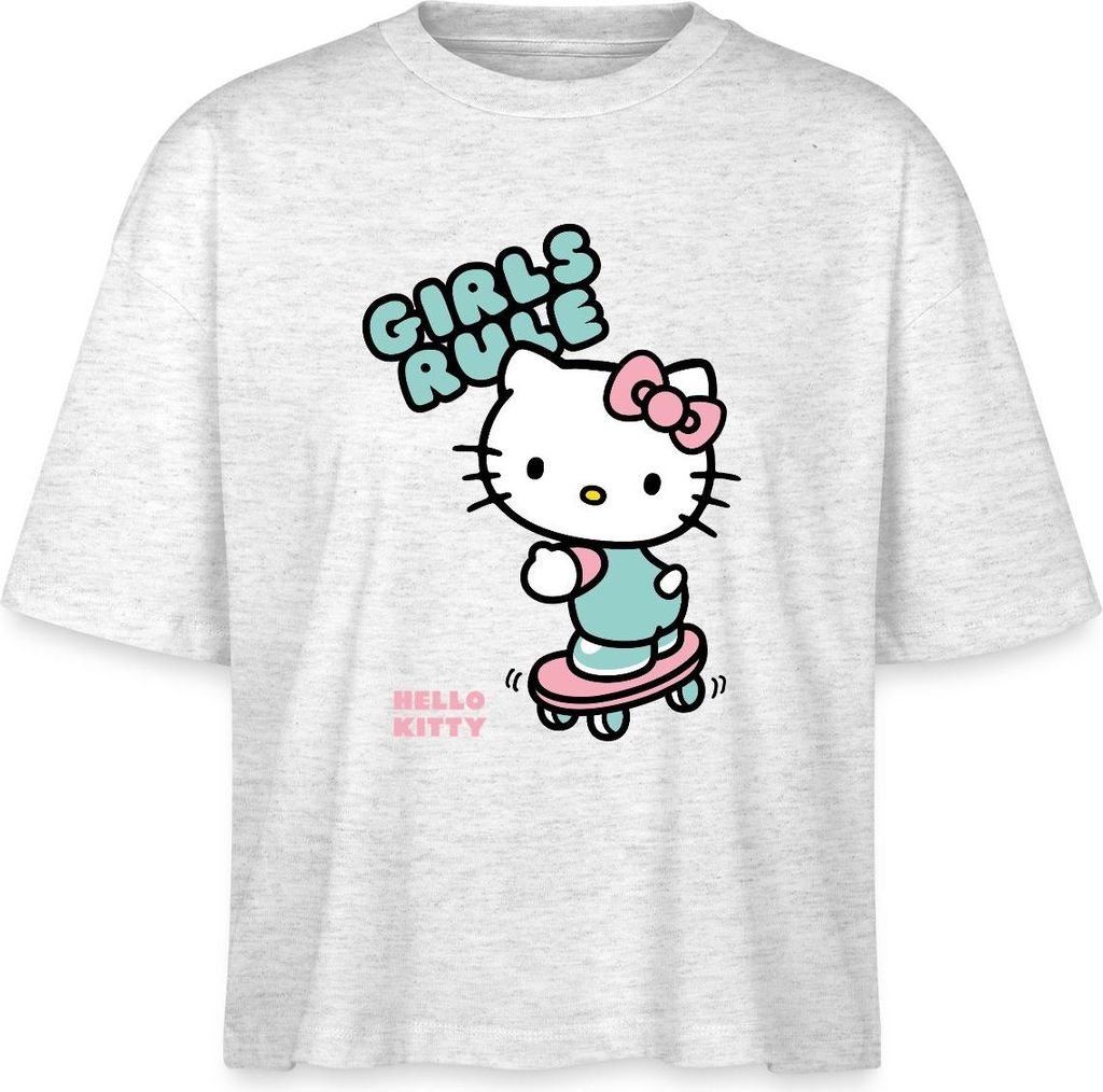 Spreadshirt Hello Kitty Auf Skateboard Girls Rule Boxy Shirt Damen, L, Weiß meliert