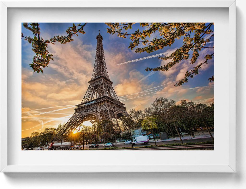 Eiffelturm in Paris– Wandbild mit Rahmen – Gerahmtes Bild – Wanddekoration – 70x50 cm – Weiß Rahmen