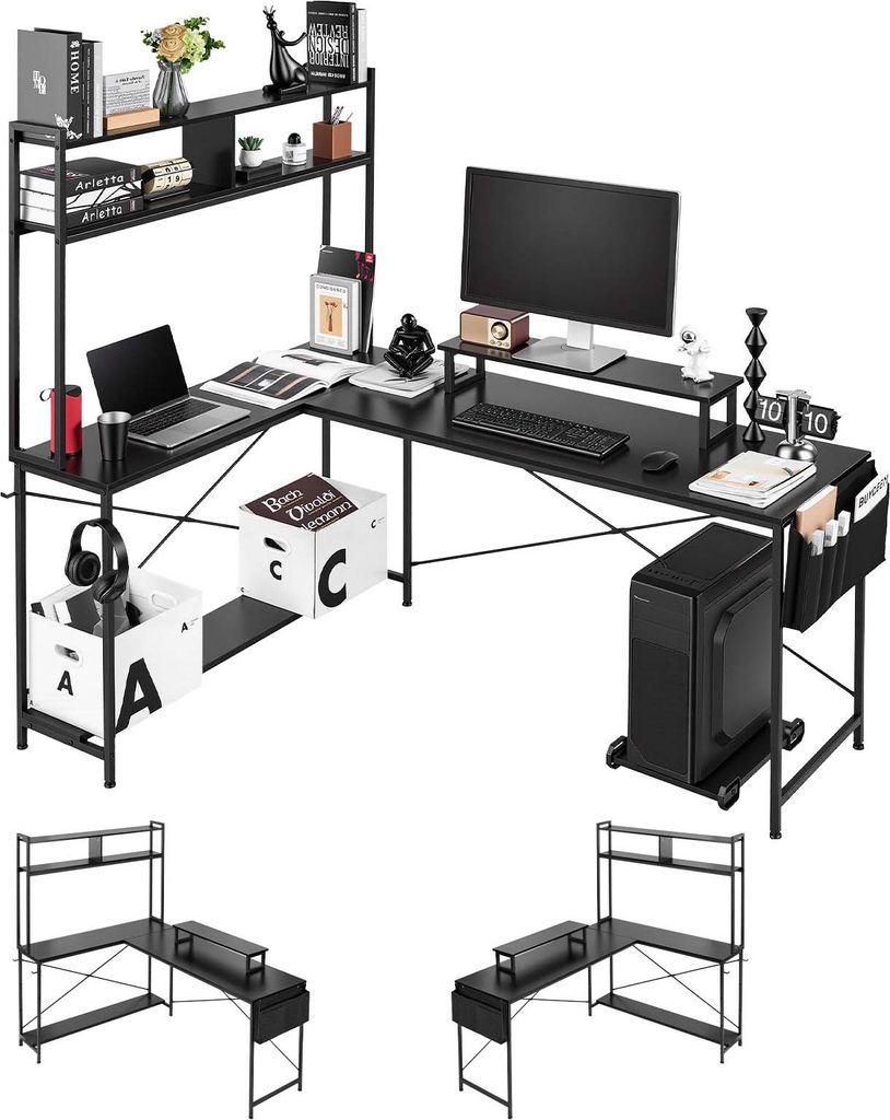 VEVOR Gaming Tisch L-Form 1,7 m, Gamertisch mit Monitorständer & Verschiebbarem CPU-Ständer, Ecktisch 68 kg Tragfähigkeit, Eckschreibtisch Compu...