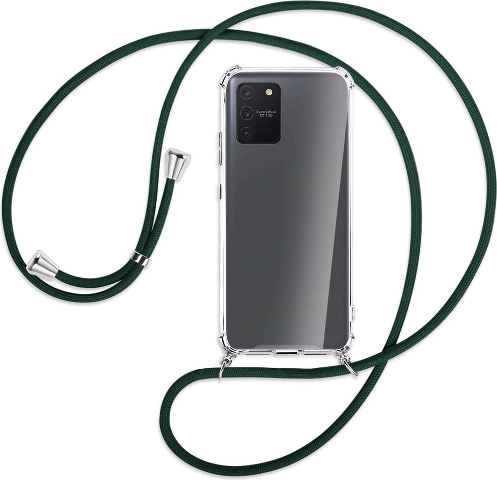 Handykette Backcover-Schutzhülle mit Band (Metall silberfarben) für Samsung Galaxy S10 Lite - dunkelgrün