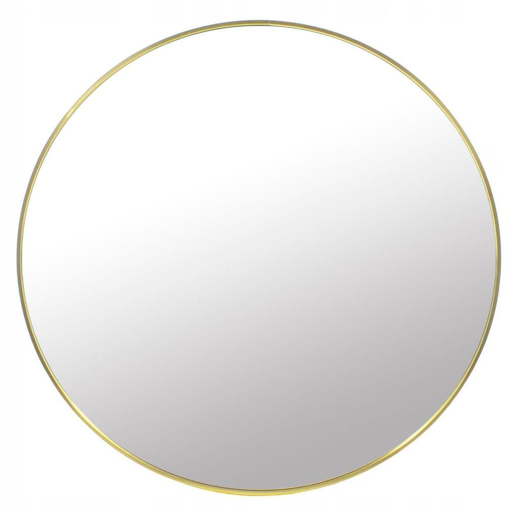 A round mirror with a thin gold frame, presented against a plain white background.