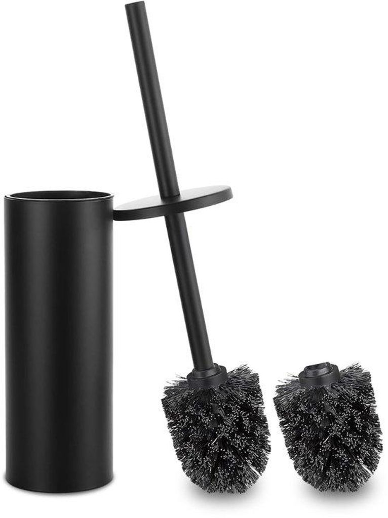 Metalen Toiletborstel mit Halter, schwarz, inklusive 2 Bürstenköpfen, für die Badewanne