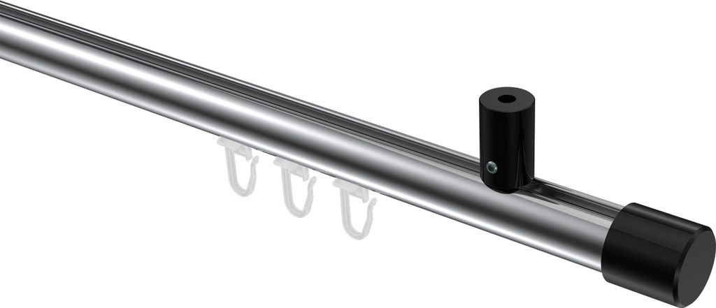 Interdeco Innenlaufstange / Gardinenstange mit Innenlauf Chrom / Schwarz, Typ Sonius Santo (Kappe) Deckenmontage, 20 mm Ø 1-läufig, 100 cm