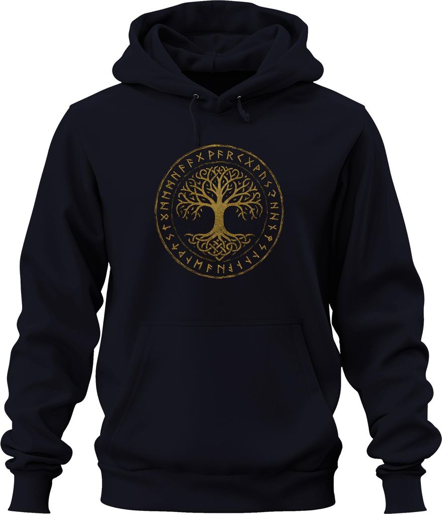 Yggdrasil Baum des Lebens keltisch nordisch Runen Mystik Wikinger Uni Hoodie Kapuzenpullover, Navy, S