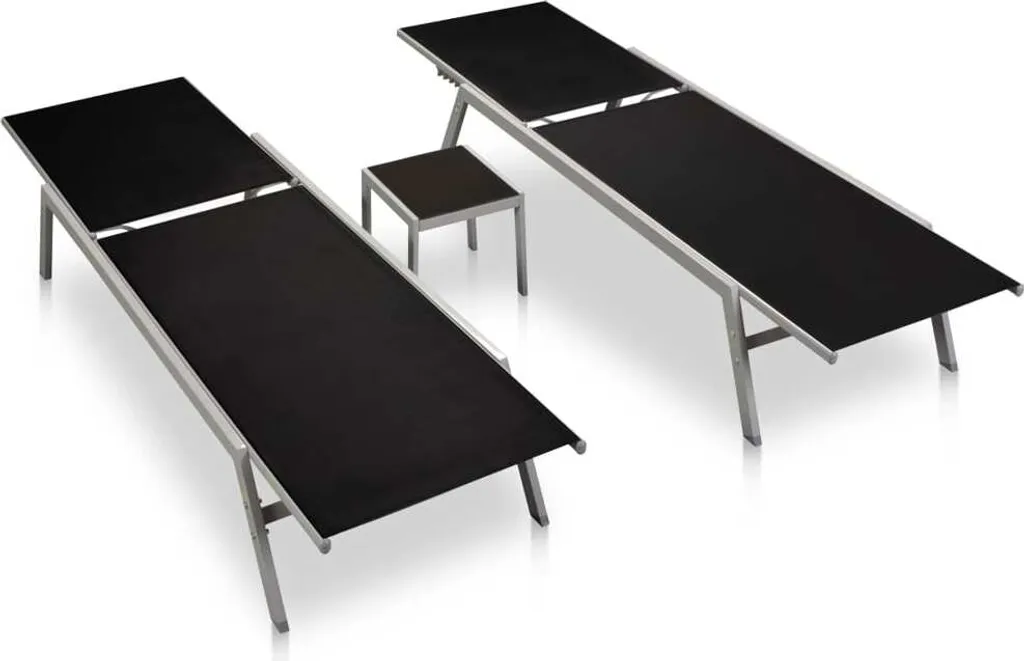 Set de Relaxation Extérieur Noir Anti-UV : 2 Transats et Table Acier