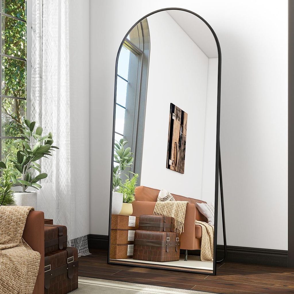 Koonmi Standspiegel mit gewölbtem Top, 165 x 58 cm Groß Bogenspiegel mit robustem Glas, an der Wand montierter Ganzkörperspiegel, Schwarz