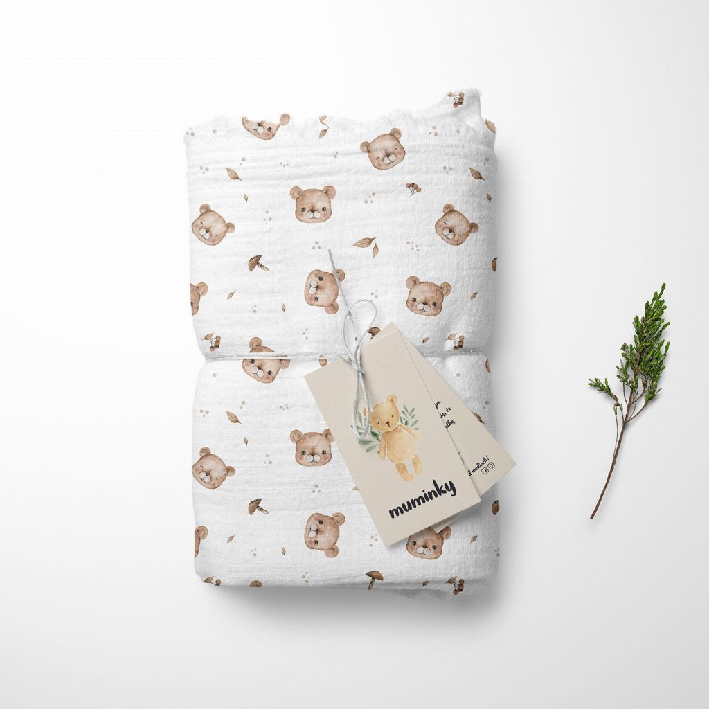Muminky | Baumwoll-Musselin Decke - 120x120 cm - Braune Teddybären - Atmungsaktiv - Hautfreundlich - Vielseitig
