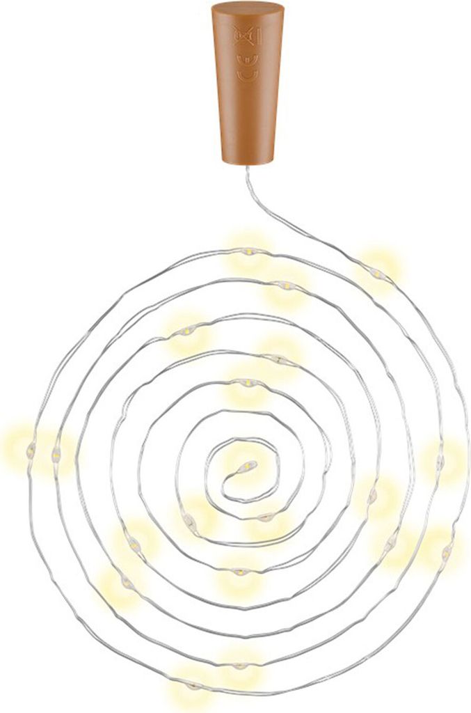 A string of LED lights coiled into a spiral with a cork-like stopper at the top.