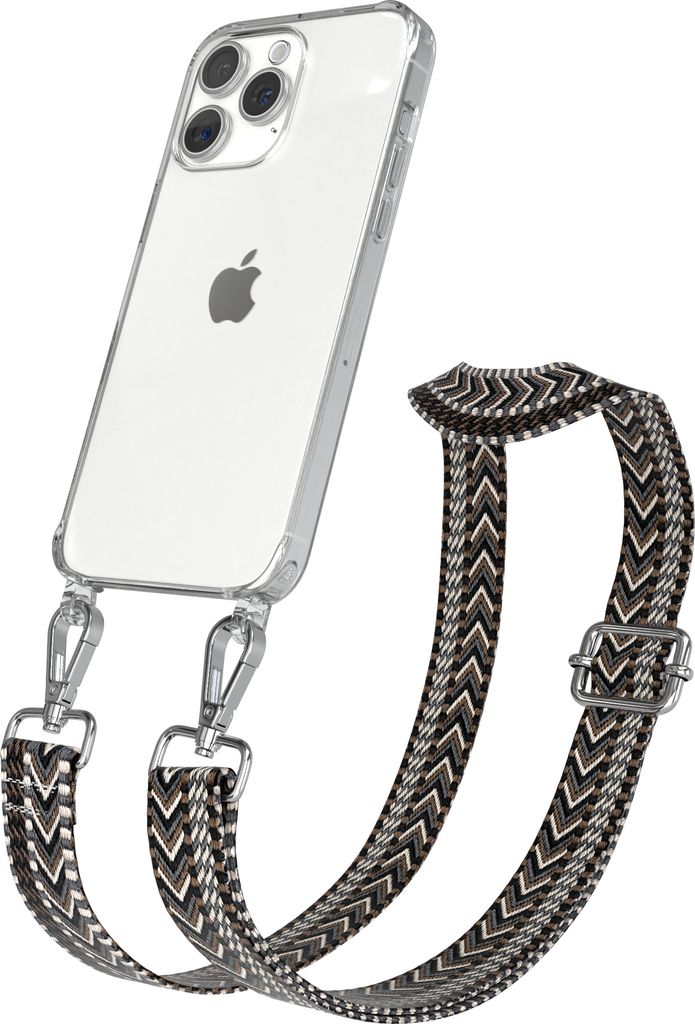 EAZY CASE Handykette - Verstellbarer Trageriemen kompatibel mit Apple iPhone 15 Pro Max, Handykordel mit transparenter Silikon-Hülle, Band in Grau