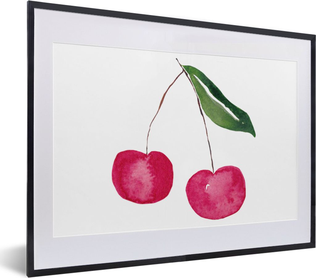 MuchoWow Gerahmtes Poster Kirschen - Aquarell - Weiß 40x30 cm - Poster mit Schwarzem Bilderrahmen Wandposter Rahmen Foto Bilder - Bilderrahmen -...