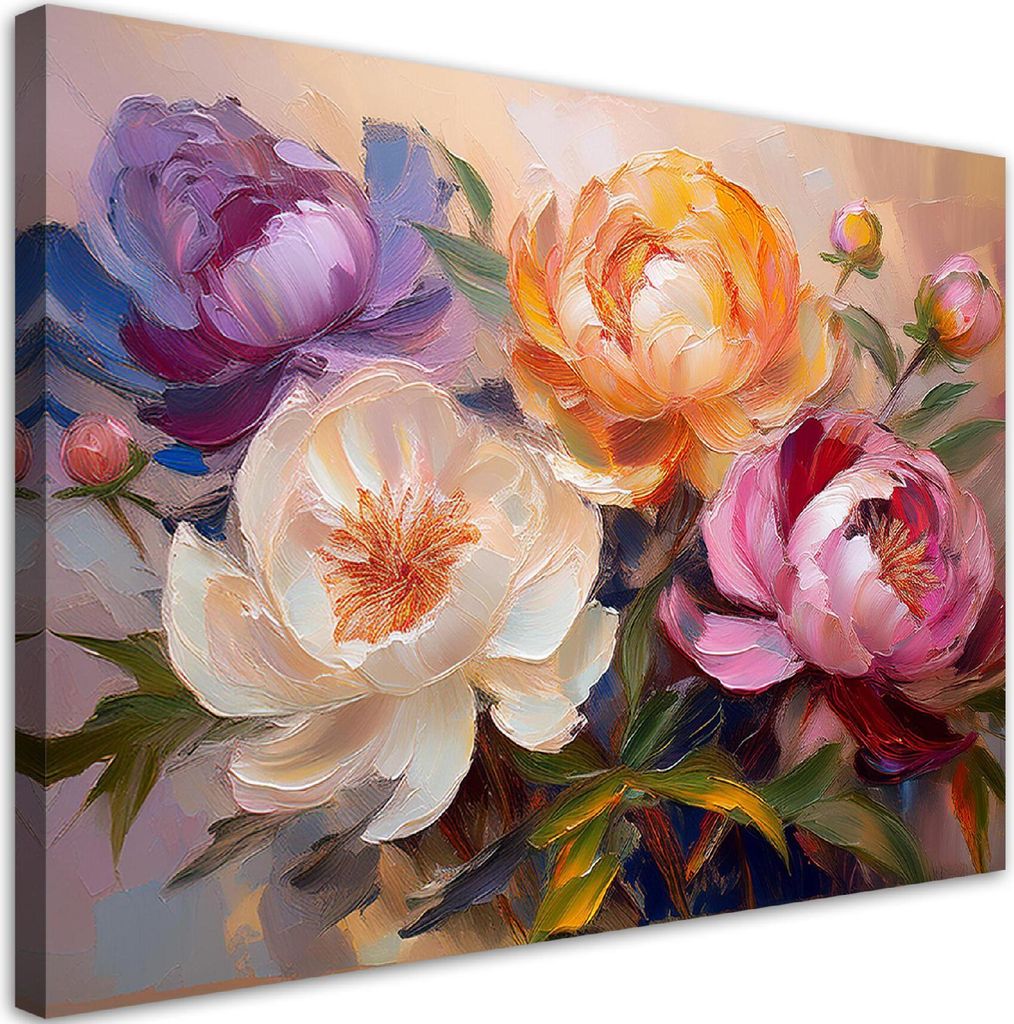Leinwandbild Bunter Strauß Pfingstrosenblüten 120x80 Feeby Bunt bild für die wand bereit zum aufhängen