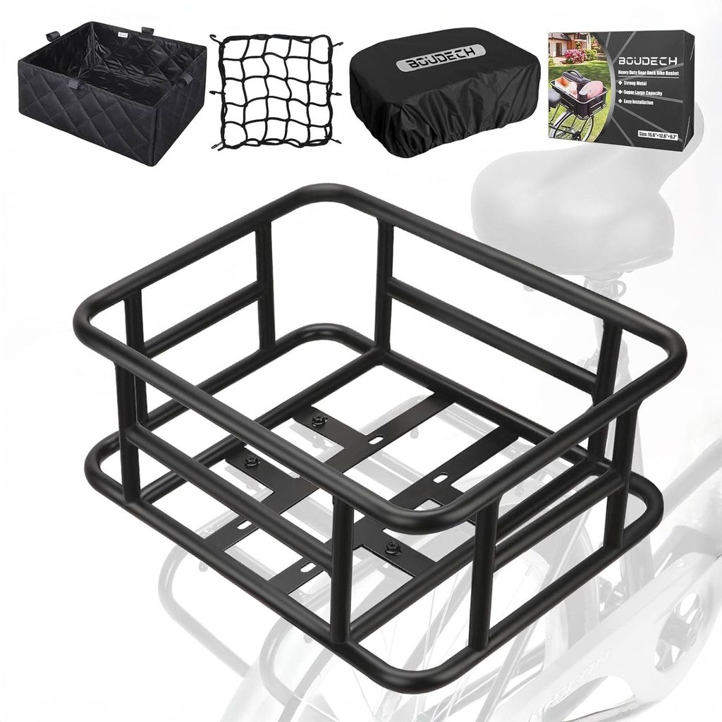 Keeper - Hinterer Fahrradkorb mit Stofftasche, elastischem Netz und Metallabdeckung Schwarz