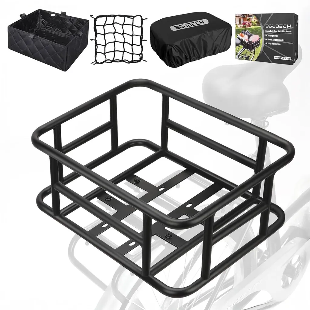 Panier Vélo Métal Noir avec Couvercle de Protection et Filet Élastique