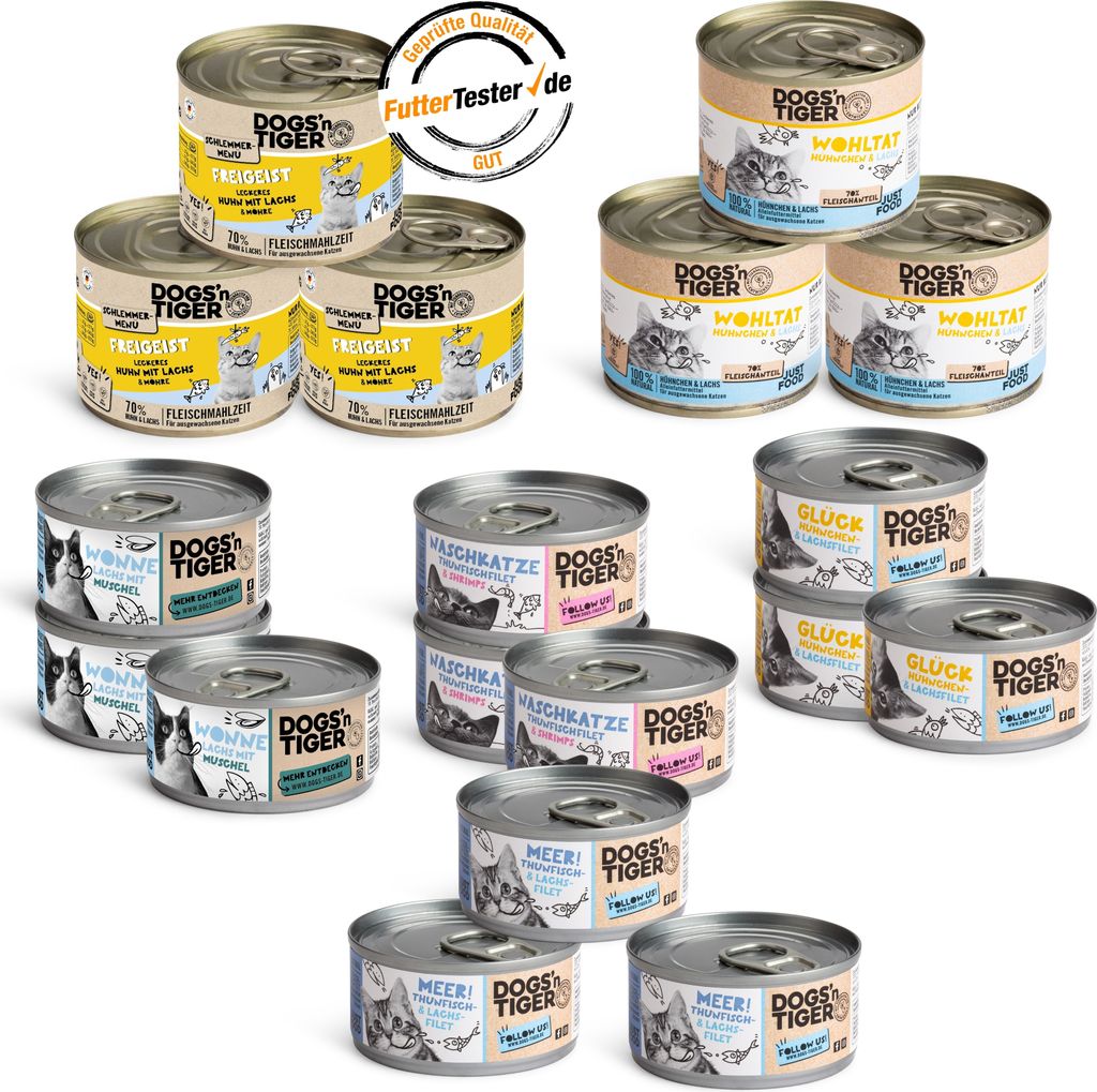 Dogs’n Tiger Adult Katzenfutter, Nassfutter, Getreidefrei, Mixpaket Lecker Meer! Thunfisch, Lachs, Muscheln, Shrimps & Huhn, 18 tlg.- Set