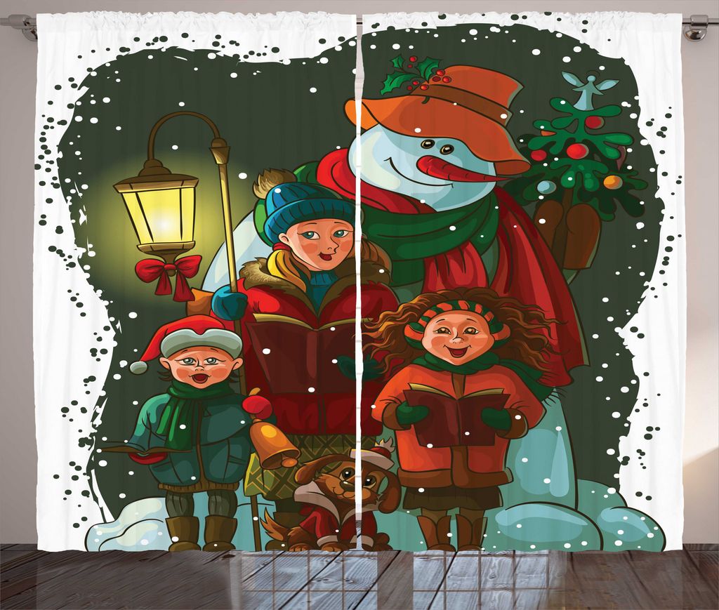 ABAKUHAUS Schneemann Rustikaler Gardine, Weihnachtscarolers Singen, Schlafzimmer Kräuselband Vorhang mit Schlaufen und Haken, 280 x 225 cm, Mehrfa...