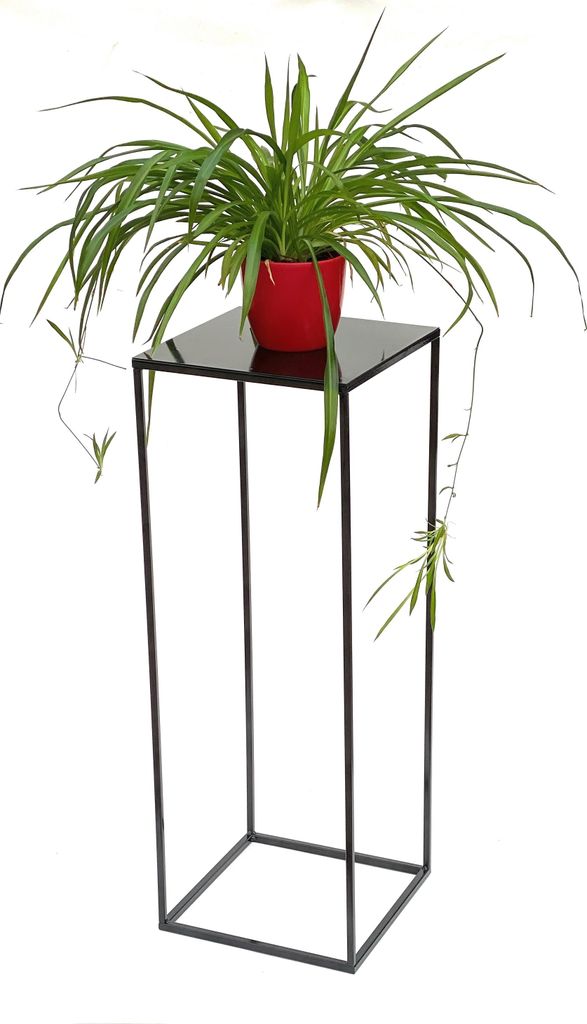 A spider plant in a red pot sits on a black metal plant stand.