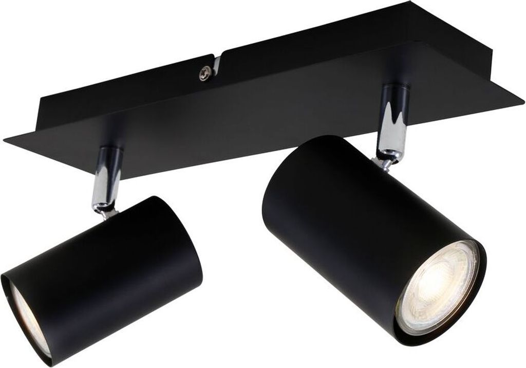 A black ceiling spotlight with two adjustable heads, shown against a white background.