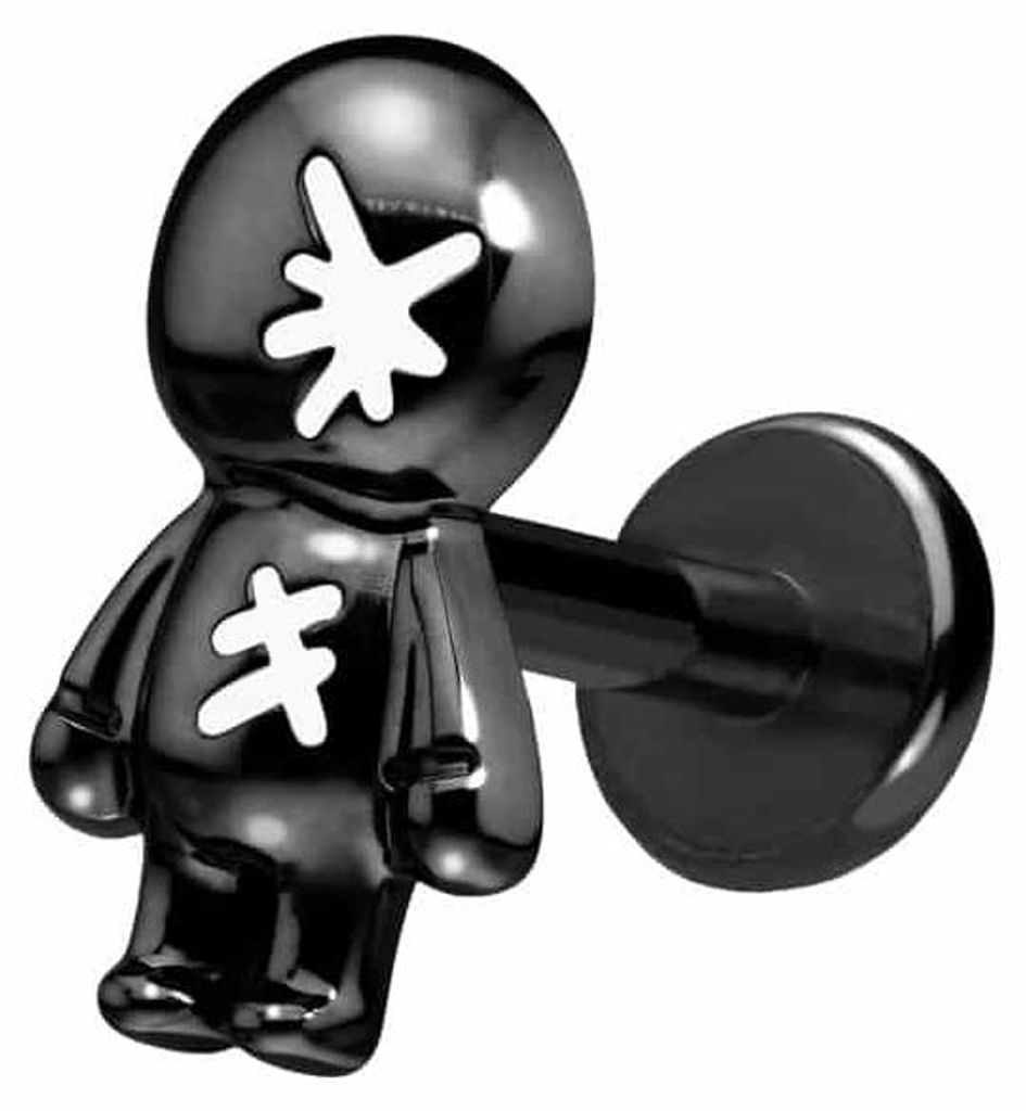Ohrpiercing, Nasenpiercing Titan Labret mit Push Fit PUPPE Schwarz Stablänge: 6mm | Stabstärke: 1,2mm