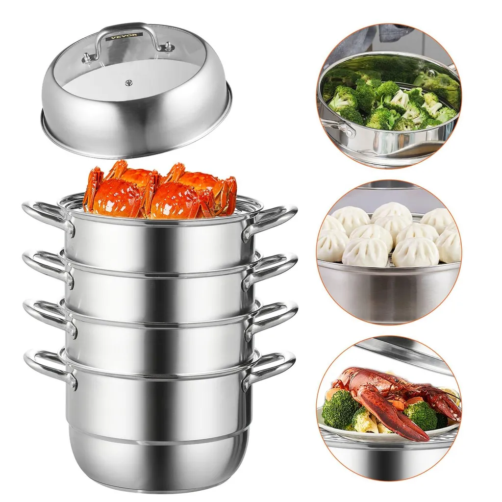 Pentola A Vapore 5 Livelli In Acciaio Inox 28 Cm - Cottura Multi-Piano Per Verdure E Patate, Adatta A Tutti I Piani Cottura