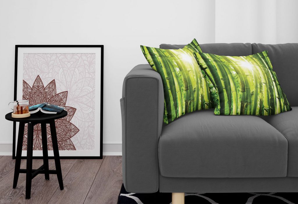 ABAKUHAUS asiatisch Kissenbezug Set (2Stück), Asiatischer Bambuswald Sonnenlicht Sun Strahlen Baum Dschungel Szene, 45x45cm, Lindgrün Gelb