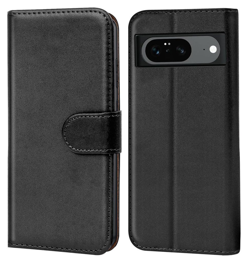 A black book-style phone case for a Google Pixel 8 is shown, with the phone inside on the right and the case closed on the left.
