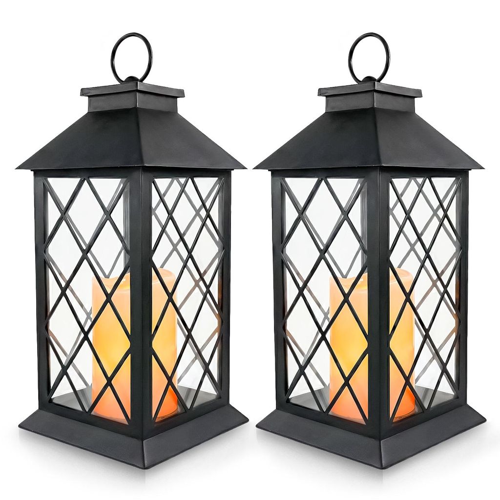 Two black lanterns with LED candles inside, set against a white background.